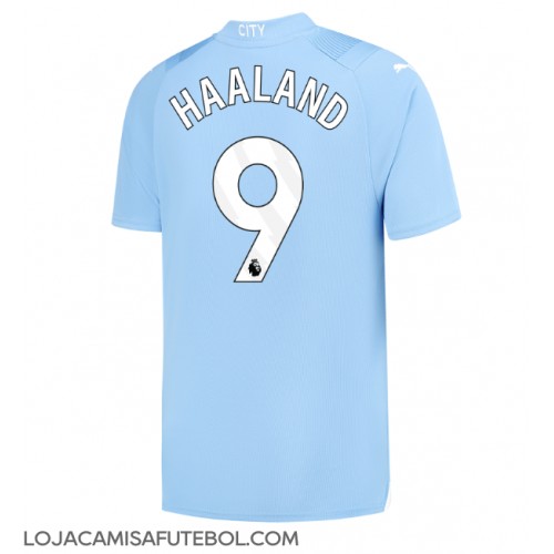 Camisa de Futebol Manchester City Erling Haaland #9 Equipamento Principal 2023-24 Manga Curta